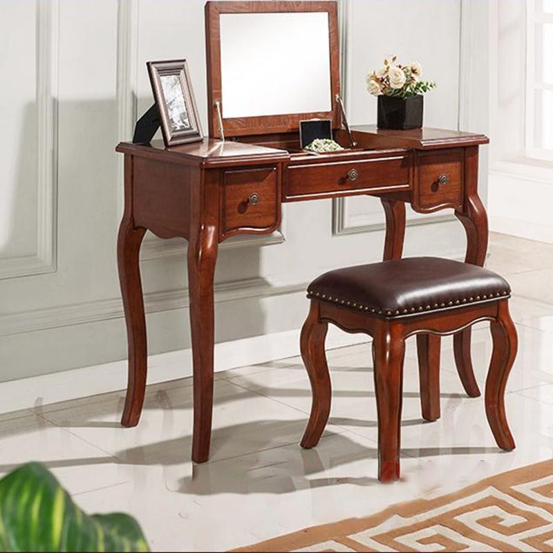Traditional Standing Espresso Solid Wood 3 Drawer Mirror Bedroom Dressing Table