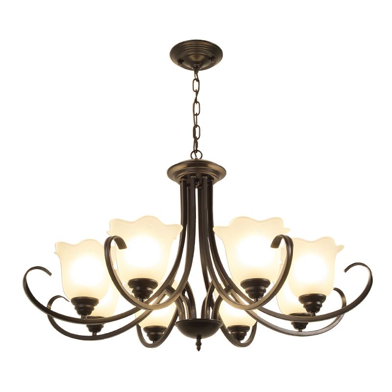 Retro Style Floral Shade Chandelier Light Frosted Glass Pendant Light Fixture with Curved Arm