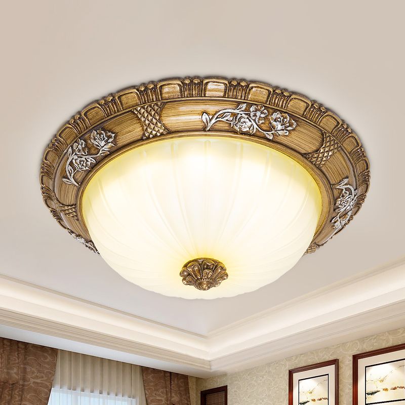 LED Ceiling Mounted Light with Bowl Shade Tan Glass Traditional Bedroom Flush Lamp in Brown, 14"/16"/19.5" Width