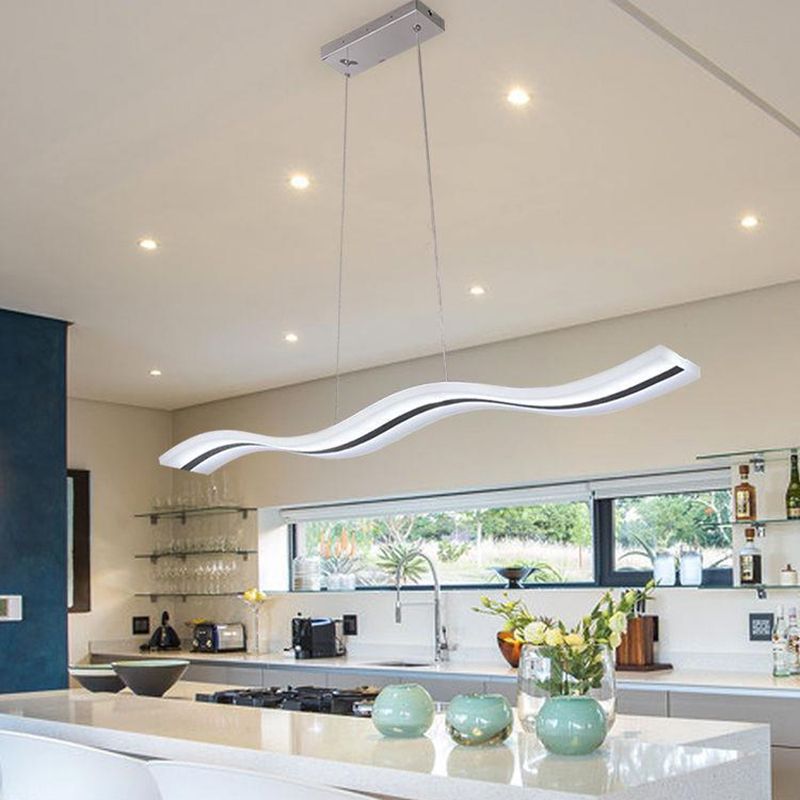 Wavy Shape Kitchen Island Fixture Acrylic Linear Pendant Ceiling in Black & White