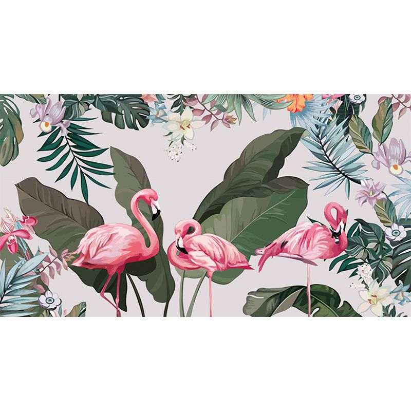 Tropical Flamingo Wall Murals Pink and Green Plants Wall Covering for Bedroom Decor