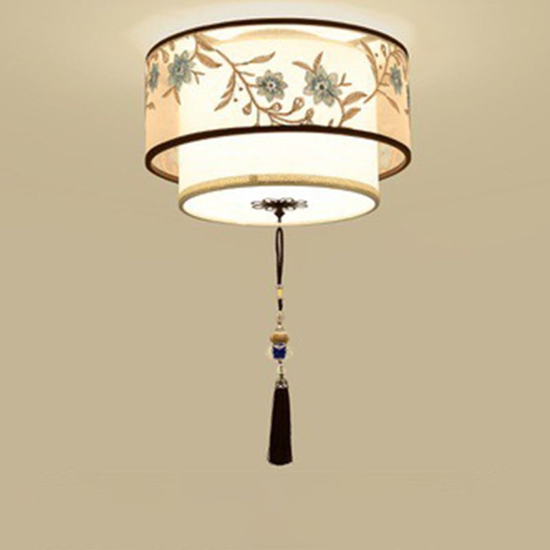 Geometric LED Ceiling Light in Traditional Classic Style Wrought Iron Flush Mount with Embroidered Fabric Shade