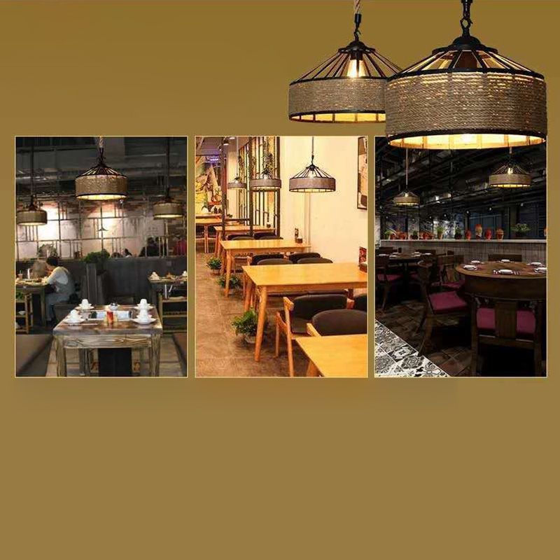 Rope Drum Pendant Light Fixture Warehouse-Style Restaurant Hanging Light Kit in Beige