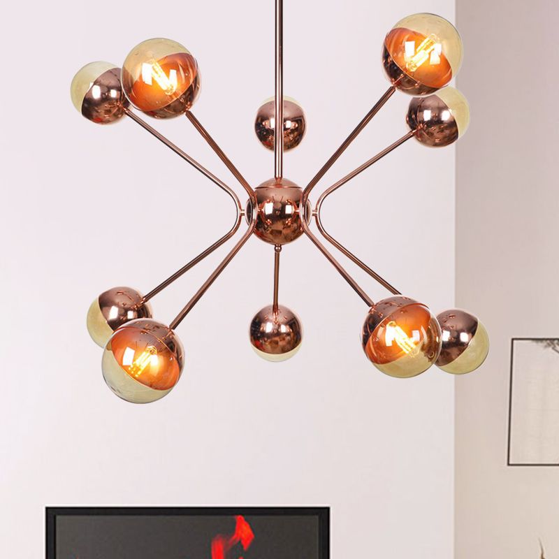 Modernist 12 Heads Chandelier Rose Gold Sphere Hanging Ceiling Light with Amber Glass Shade