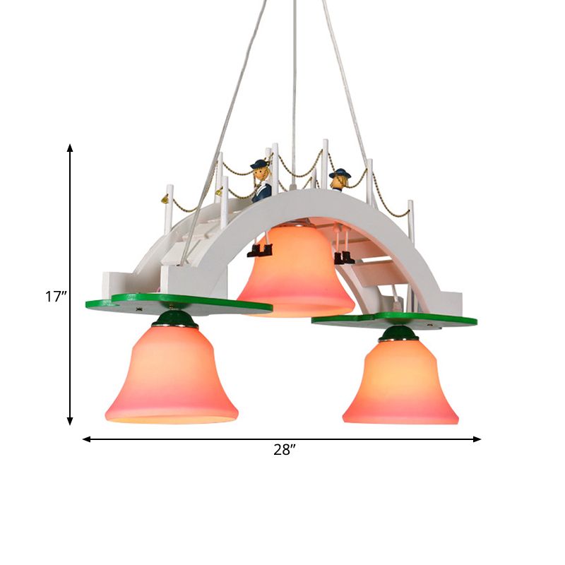 Pink Glass Bell Chandelier Kids 3-Light Down Lighting Pendant with Wooden Bridge Design