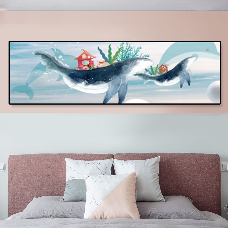 Fantasy Flying Whale Canvas Cartoon Textured Wall Art Print in Soft Color for Kids Room