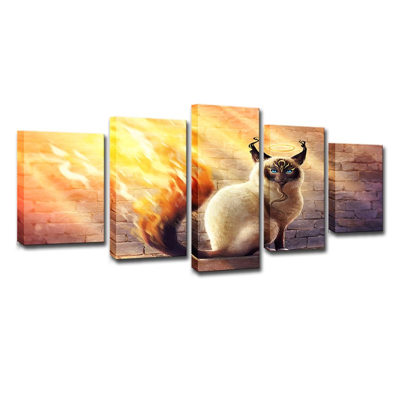 Cat with Fire Tail Canvas Cartoon Magical Comic Character Wall Art Print in Yellow