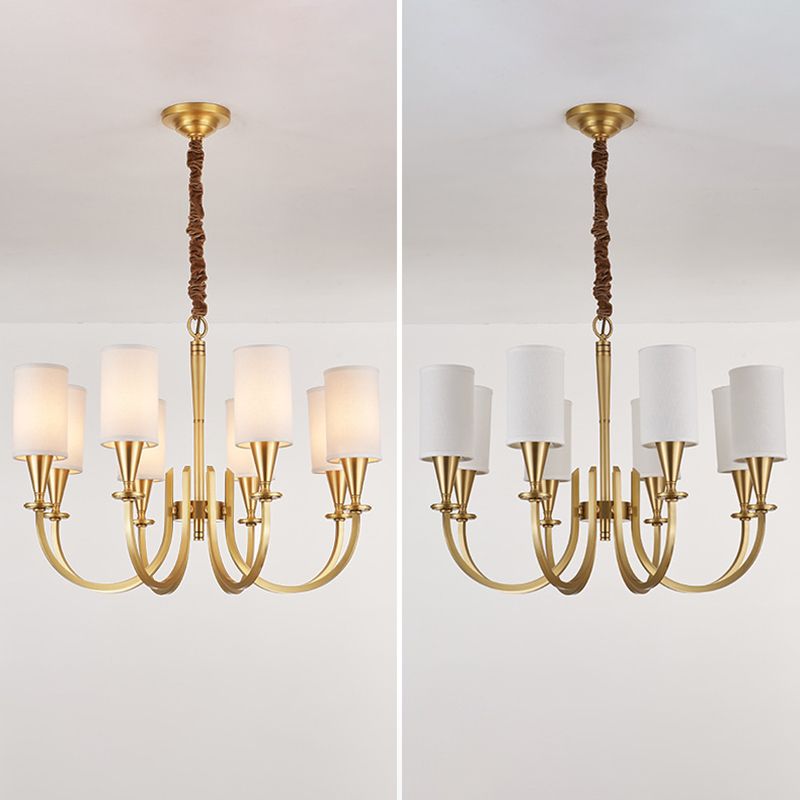 Brass American Traditional Style Chandelier Cylindrical Fabric Shade Dining Room Lighting Fixture with 19.6" Adjustable Suspension Chain