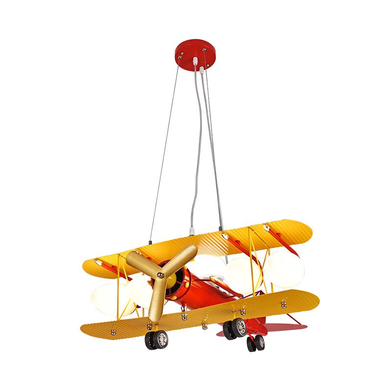 Yellow Plane Shaped LED Ceiling Lighting Cartoon Metal Chandelier Light Fixture with Frosted Glass Shade