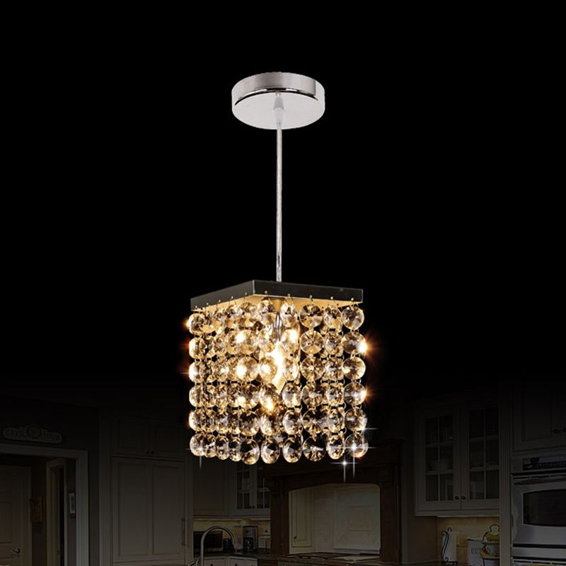 Clear Cut Crystal Cube Suspension Lamp Modern Style 1-Light Ceiling Hang Fixture in Chrome