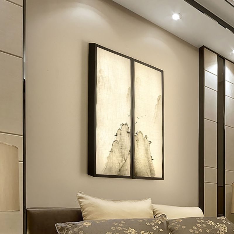 Hills Drawing Bedroom Wall Mural Light Fabric Asian 16"/35.5" W LED Sconce Lighting in Black