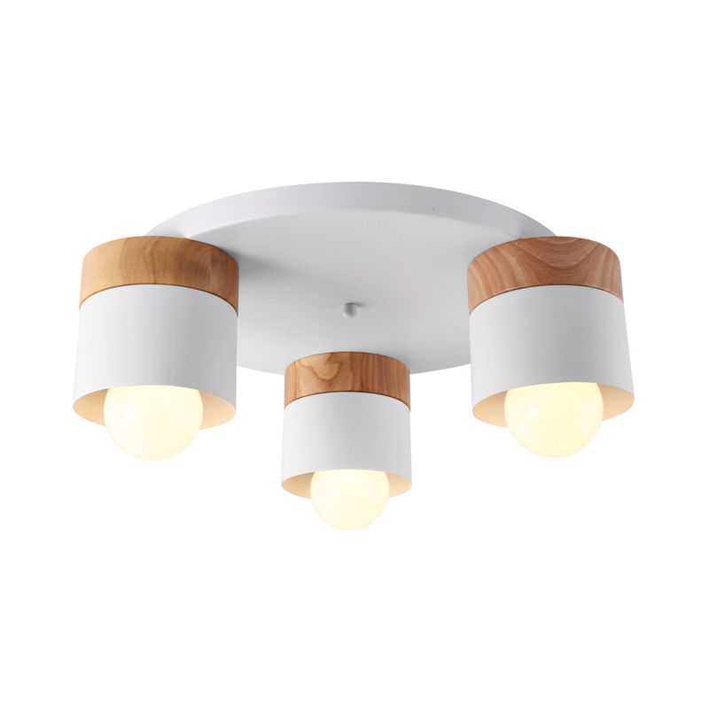 Iron Cylinder Flush Mount Fixture Modern Nordic 3 Bulbs White Ceiling Flush with Wood Top for Bedroom