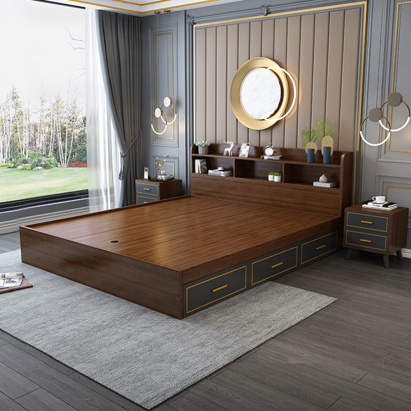 Brown Finish Standard Bed with Headboard Panel Bed Lift Up Storage