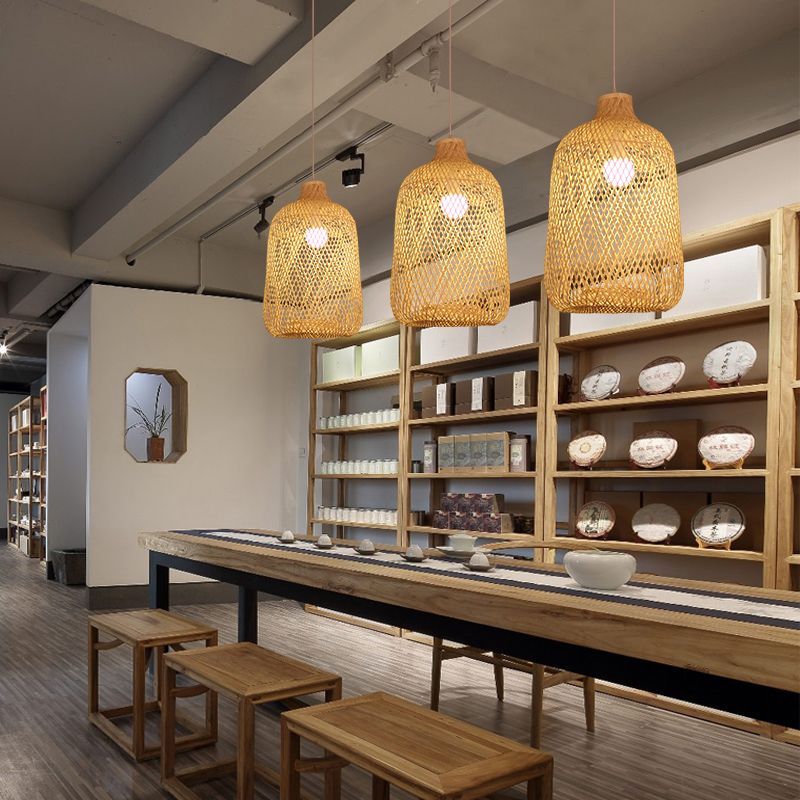 Bird Cage Pendant Light Contemporary Bamboo Single-Bulb Restaurant Suspension Light in Wood