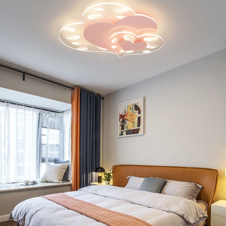 Acrylic Heart-Shaped LED Flush Mount in Modern Creative Style Iron Feather Ceiling Light for Bedroom