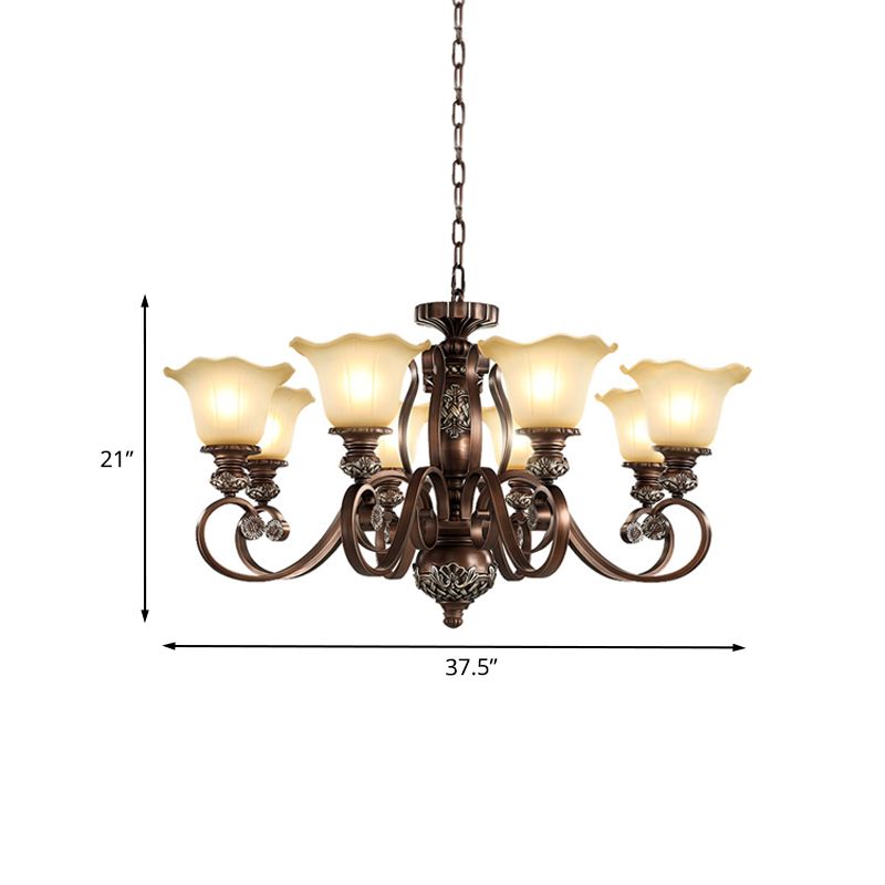 Platteland bloei hanger kroonluchter 8 lampen opaline glashangende lamp met gechrolde arm in brons voor woonkamer
