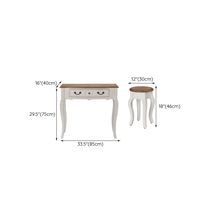 Victorian White Makeup Vanity Desk Table Solid Wood Dressing Table Stool Set