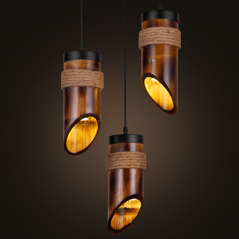 Bamboo Beveled Tube Hanging Light Fixture Factory Dining Room Rope Suspension Lamp in Brown