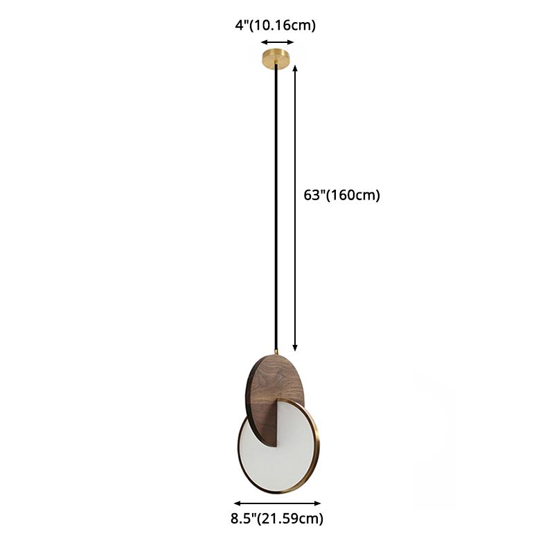 Dark Brown and Brass Disk Pendant Minimalist LED Wooden Suspension Light for Bedroom