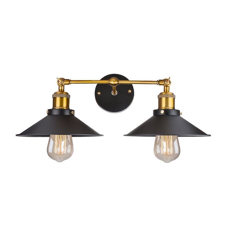 Cone Workshop Wall Light Kit Rustic Metal 1/2-Light Black Wall Mount Lamp with Rotating Brass Linear Arm