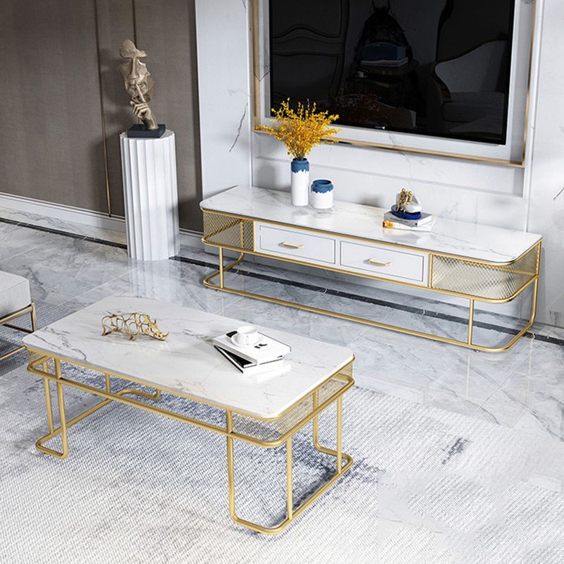 Glam Style Rectangle Coffee Table with Golden Iron Base and Shelf