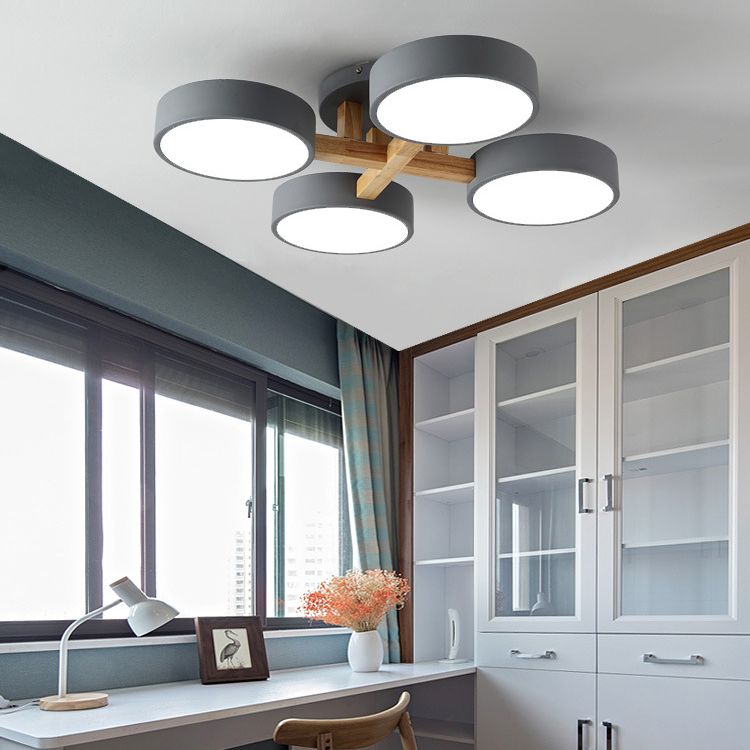 Wooden Sputnik LED Ceiling Light in Modern Singularity Wrought Iron Macaron Flush Mount with Acrylic Shade