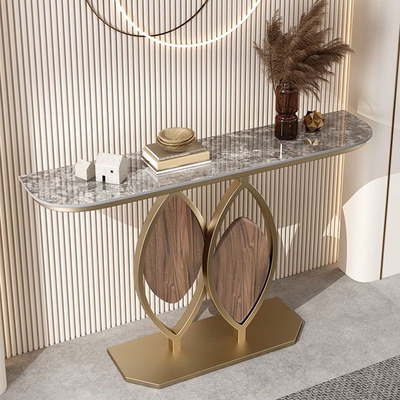 Glam Iron Console Sofa Table Half Moon Stone Console Accent Table for Hall