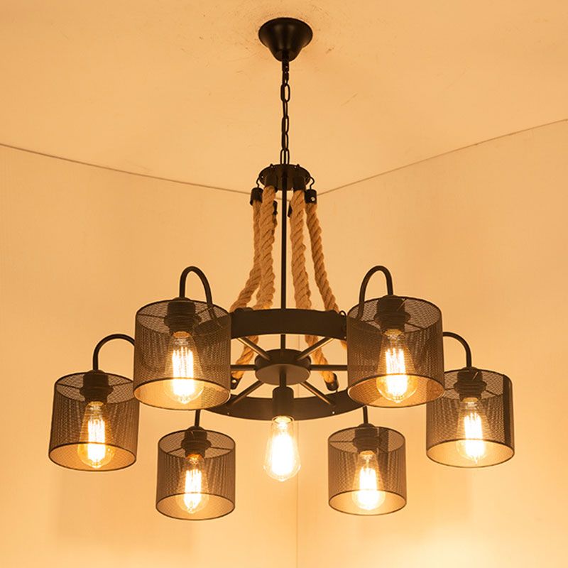 Cylinder Mesh Metal Shade Chandelier Lampe Vintage Style 6 Heads Restaurant Hanging Light in Beige