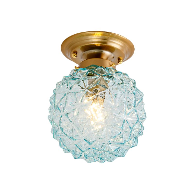 Plafonnier de couloir en forme de cône de pin, bleu campagne/transparent/gris fumé, verre prismatique, 1 tête, plafonnier en laiton