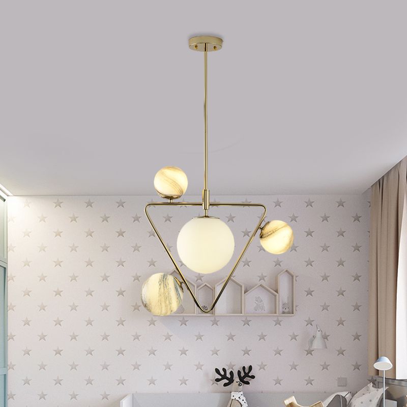 Nordic Ball Chandelier Light Frosted Glass 4-Bulb Living Room Pendant Lamp in Gold with Triangle Cage