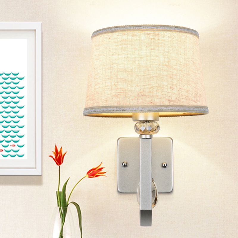 Round Shade Wall Mount Lighting Modernism 1 Head Flaxen Sconce Lamp with Nickle Swoop Arm and Crystal Accent