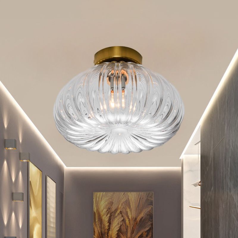 Plafonnier LED à tête unique en verre nervuré transparent/ambre à montage sphéroïde moderniste, 5,5"/11" de largeur