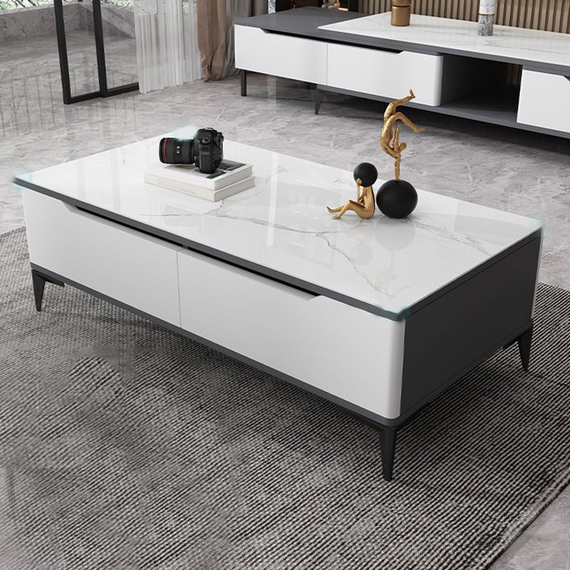 4 Legs Cocktail Table Rectangle Stone Single Coffee Table with Drawer