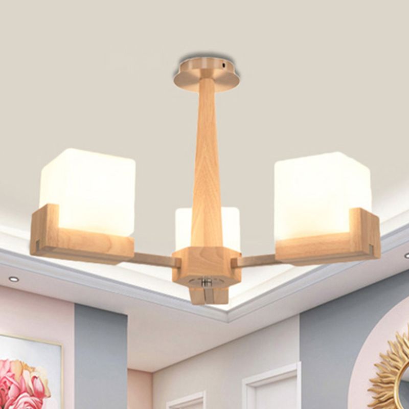 Wood Radial Semi Flush Mount Lighting Modern 3/5/8 Lights Beige Semi Flush Ceiling Lamp Fixture with White Glass Rectangle Shade
