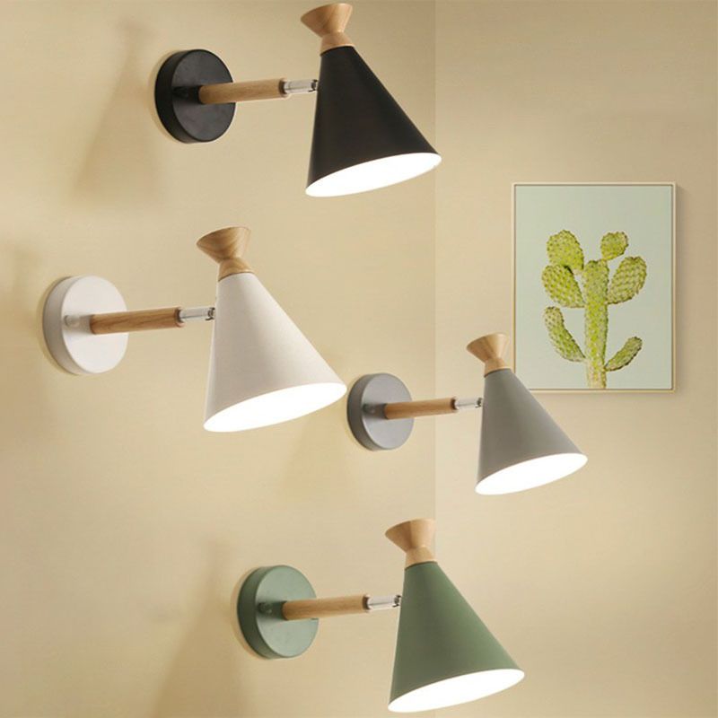 Lámpara de pared cónica de hierro contemporánea 1 ideas de iluminación de pared de bulbo con tapa de madera