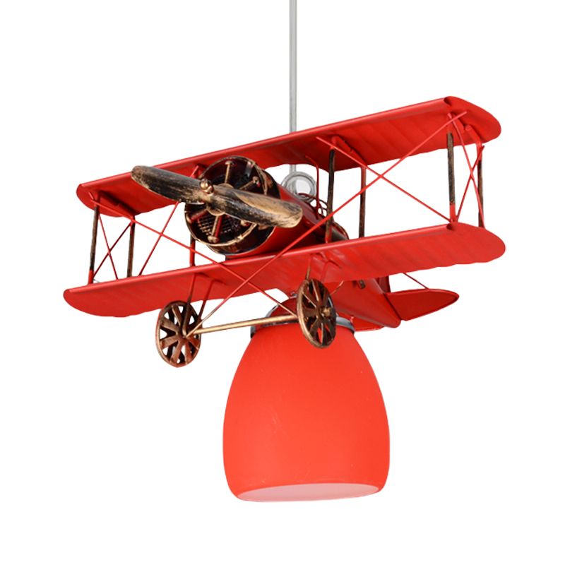 Wright Flyer Aircraft Suspension Light Kids Metal 1 Testa Rossa/Blu/Giallo Accensione a sospensione con tonalità di vetro color cupola inferiore