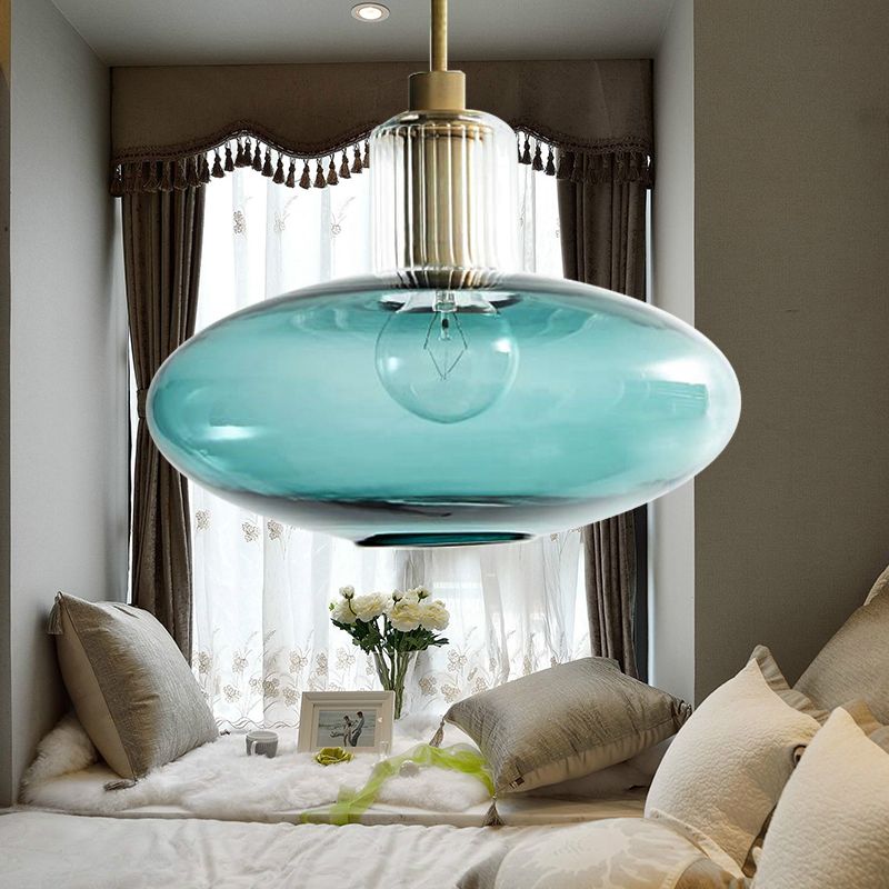 Contemporary Oval Suspension Pendant Grey/Blue Glass 1 Head Hanging Light for Bedroom