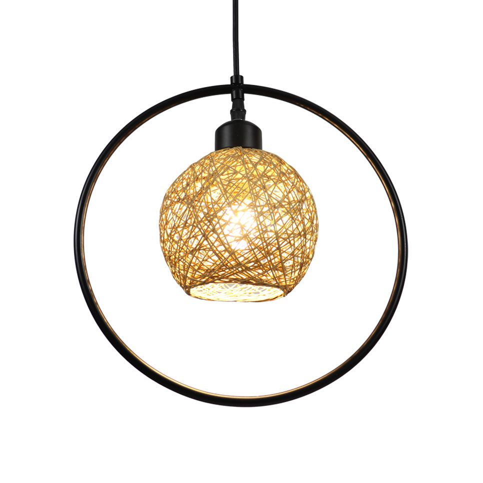 Beige/White Ball Shade Hanging Light Rustic Rattan Single Pendant Lamp with Black Metal Ring