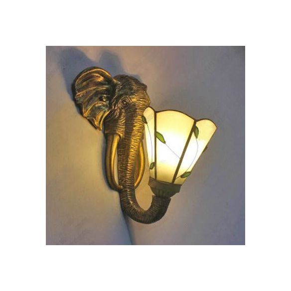 Resin Elephant Wall Lighting with Stained Glass Cone Shade 1 Light Rustic Wall Sconce