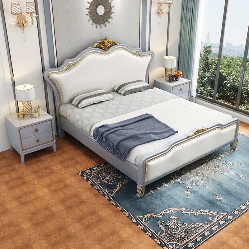 84.65 inch Wide Victorian Bed Pine Wood Bed Frame with Upholstered Headboard