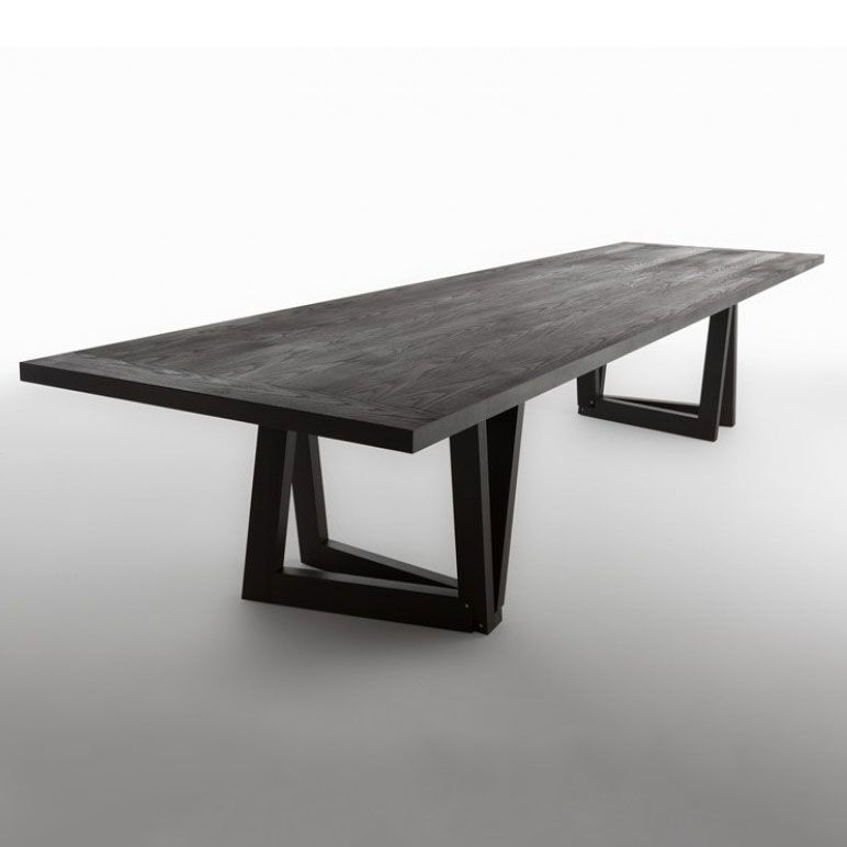 Modern Black Rectangle Dining Table Solid Wood Top Iron Base Table