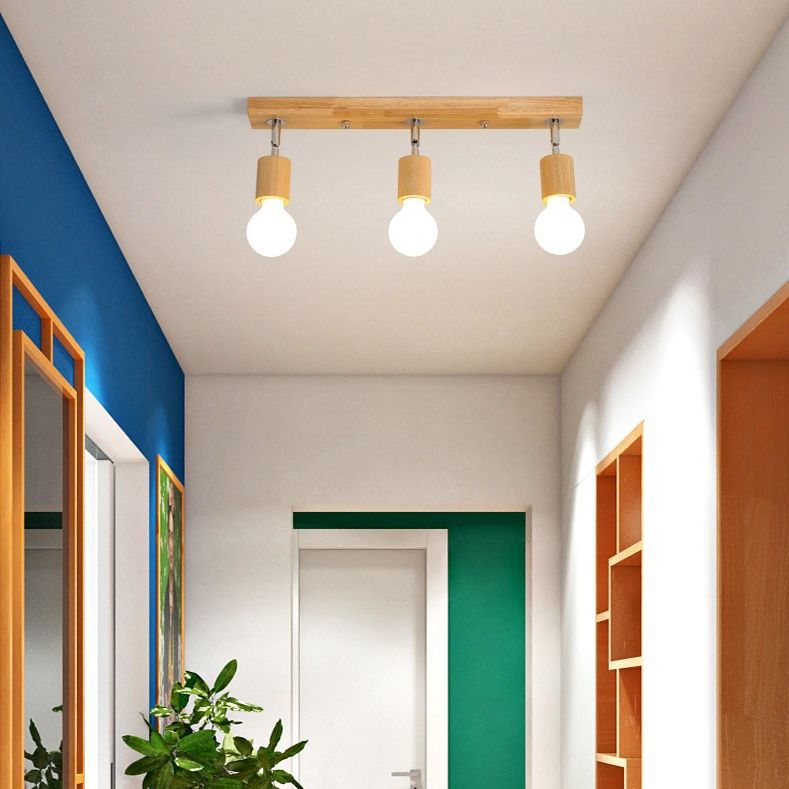 Modern Minimalist Rotatable Ceiling Light Wooden Bare Bulb Semi Flush Mount for Corridor