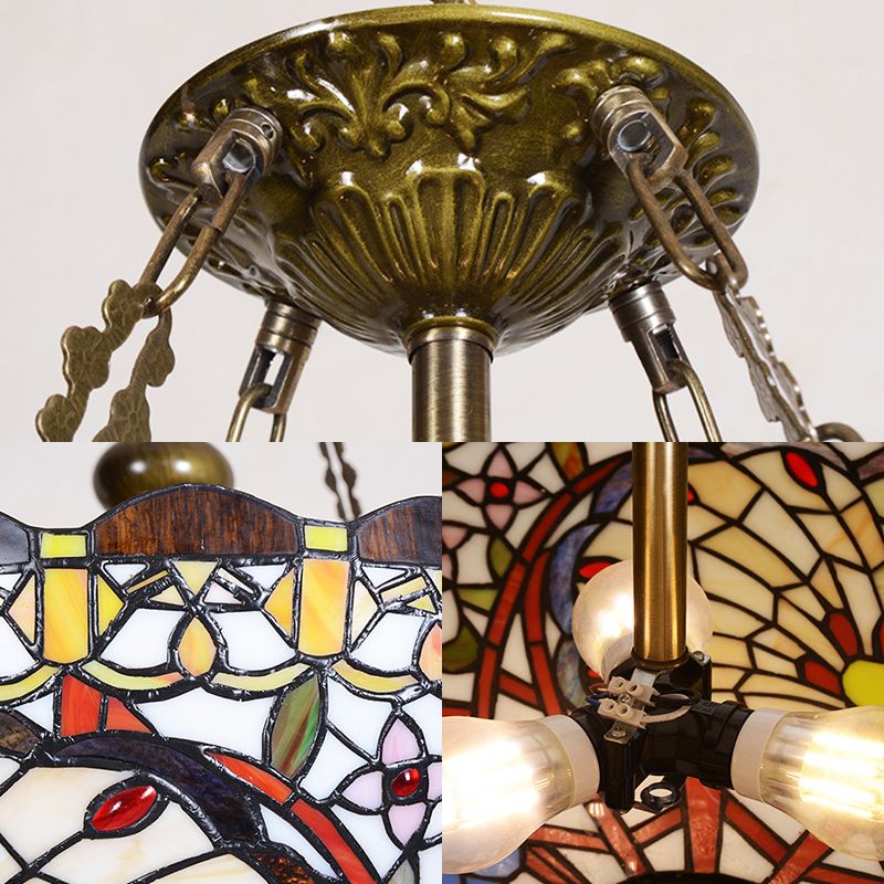 3 Bulbs Bowl Chandelier Lighting with Stained Glass Shade Victorian Pendant Light in Multi Color