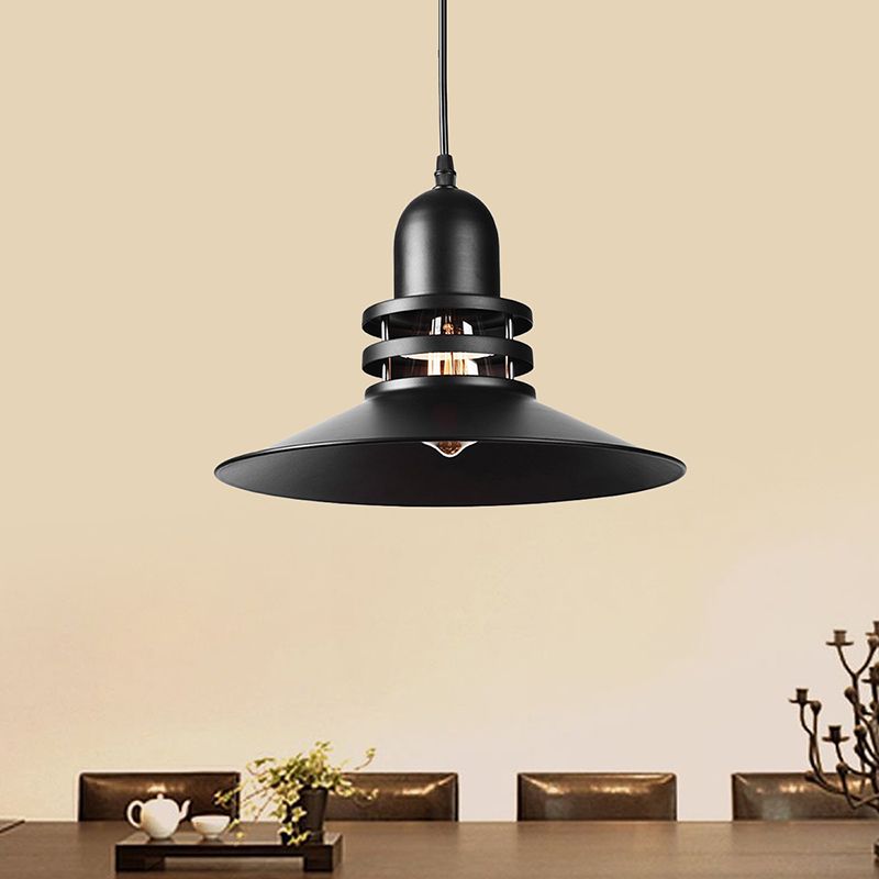 Saucer Dining Table Pendant Lamp Industrial Iron 1-Bulb Black Suspension Lighting with Cutout Design