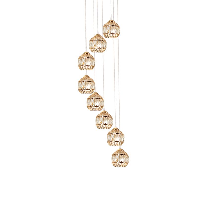 Inserted Crystal Gold Cluster Pendant Globe 8 Bulbs Modern Hanging Lamp with Spiral Design