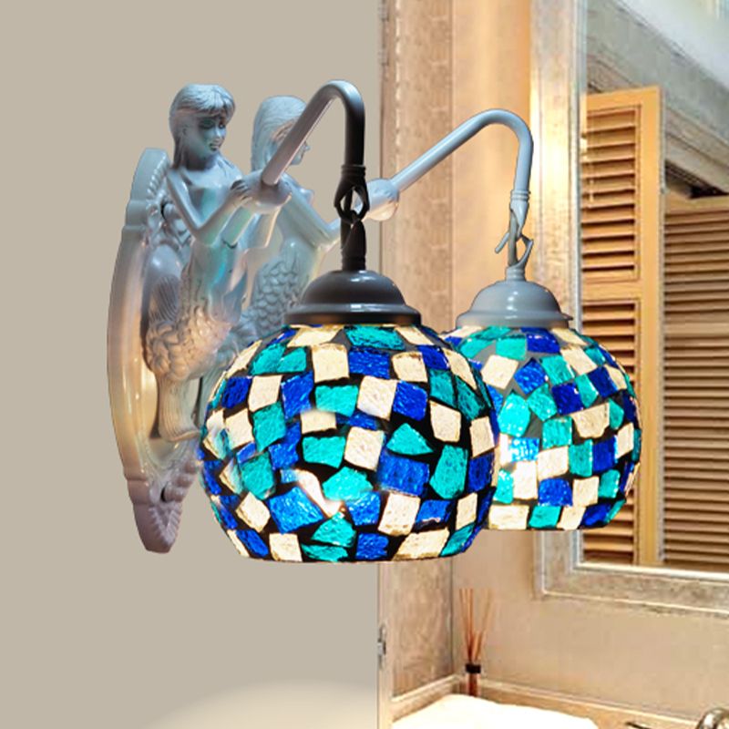 Cut Glass Red/Pink/Yellow Vanity Lamp Globe Shade 2 Lights Mediterranean Sconce Light Fixture for Bathroom