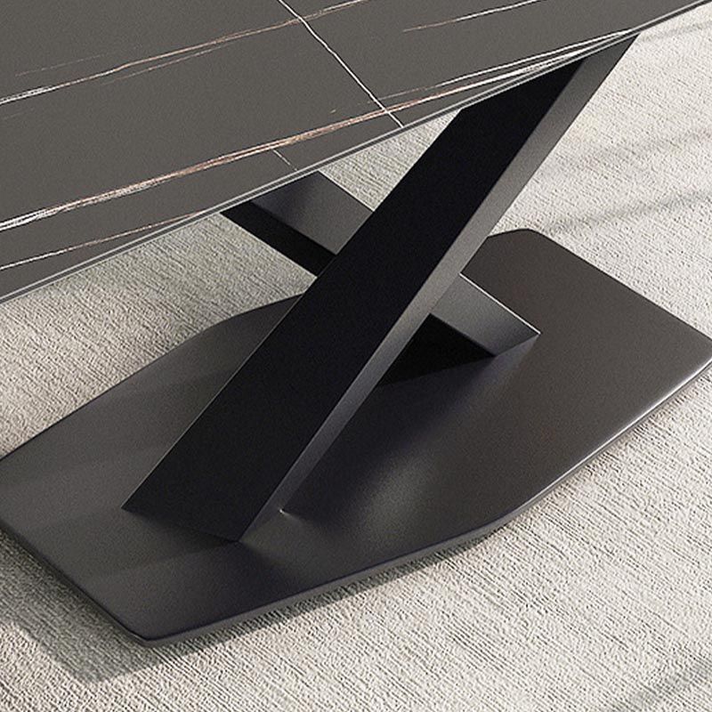Contemporary Stone Dining Table Rectangle Dining Table with Pedestal Base in Black
