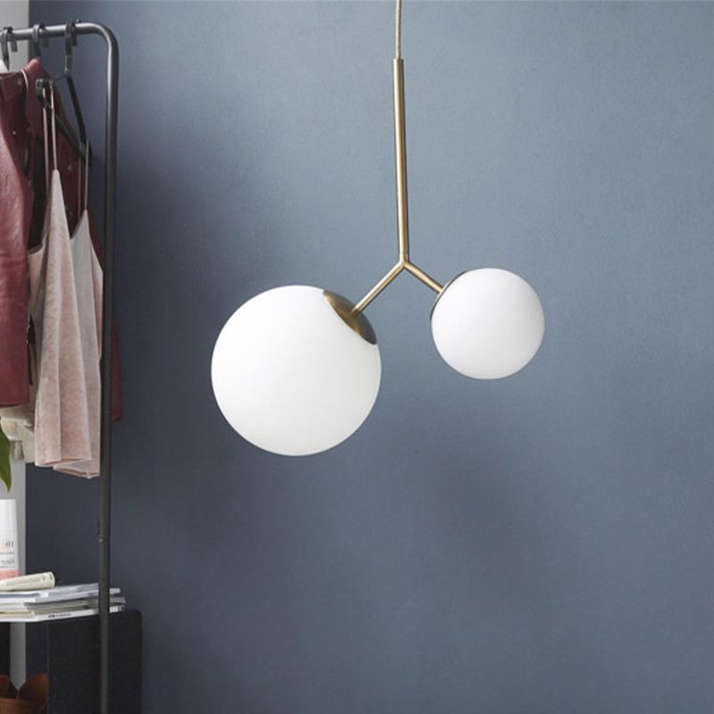 2 Lights Pendant Ceiling Light Nordic Gold Hanging Ceiling Light with Globe White Glass Shade