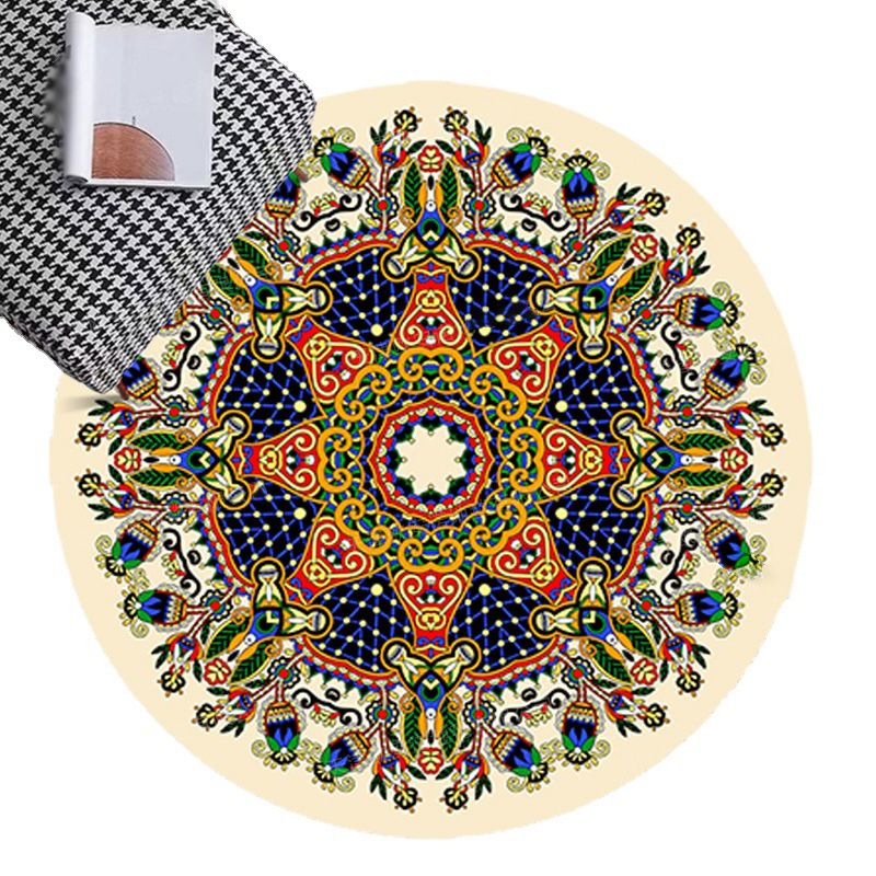 Round Moroccan Indoor Rug Polyester Floral Print Carpet Non-Slip Backing Rug for Home Decoration