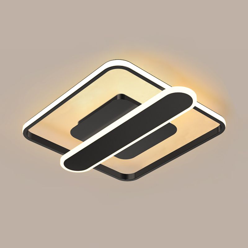 Aluminum Thin Square Frame Ceiling Lamp Contemporary Black/Gold/White LED Flush-Mount Light Fixture with Crossbar, 16.5/20.5 Inches Wide